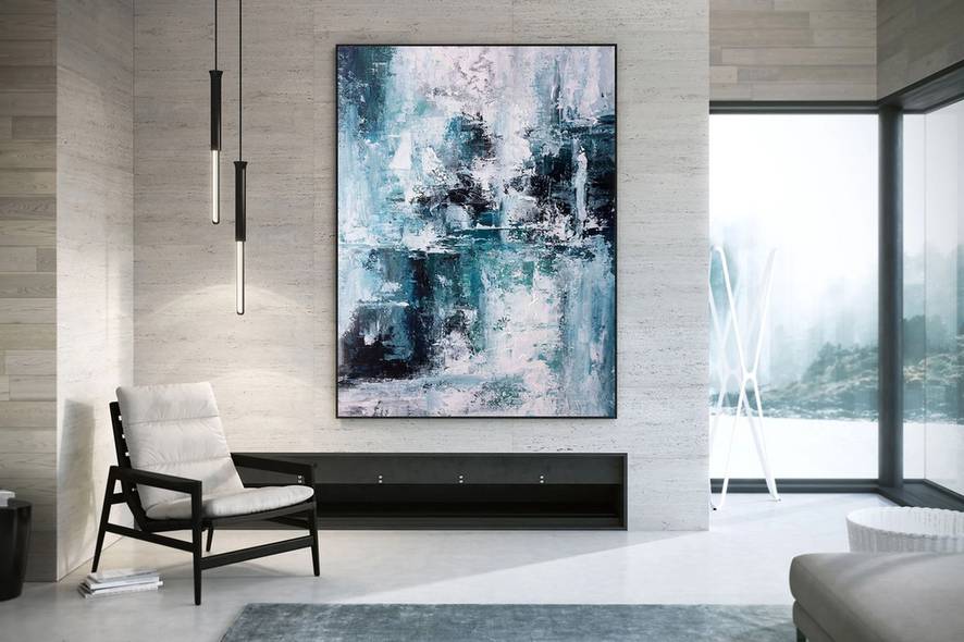 Bedroom Handmade Original Blue Painting White Abstract Canvas Wall Art BQR5H